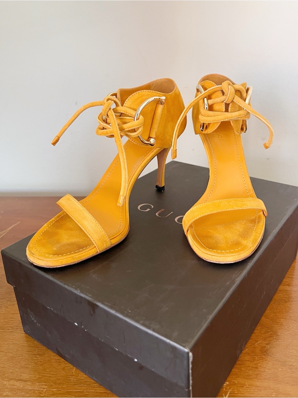 Gucci • Tom Ford vintage Horsebit Suede Sandal heels mustard yellow stiletto